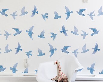 Flying Swallows, Removable Wallpaper Blue, Abstract Animal Pattern, Kids Room Wall Mural, Peel and Stick, Baby Boy Room, #59