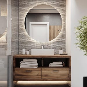 Minimalist Round LED Mirror, Stylish Backlit Mirror, Aesthetic Mirror with Light, Sleek Mirror with LED backlight, Frameless Round Mirror