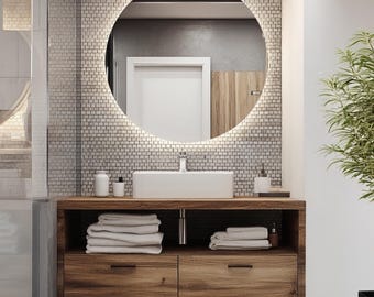 Minimalist Round LED Mirror, Stylish Backlit Mirror, Aesthetic Mirror with Light, Sleek Mirror with LED backlight, Frameless Round Mirror