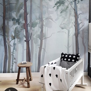 Foggy Forest, Removable Wallpaper White, Nature Pattern, Kids Room Wall Mural, Peek and Stick, Baby Boy Wallpaper, #5