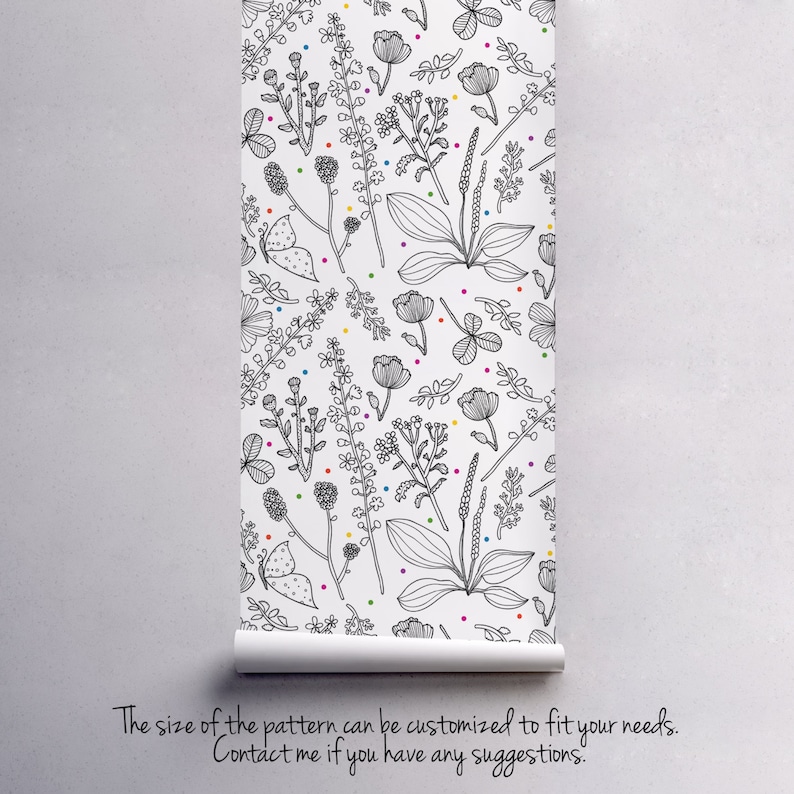 Black and White Nursery Wallpaper Flowers Colorful Dots Wall Etsy