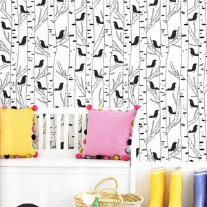 Birds And Trees, Removable Wallpaper White, Animal Pattern, Kids Room Wall Mural, Peel and Stick, Baby Girl Wallpaper, #93