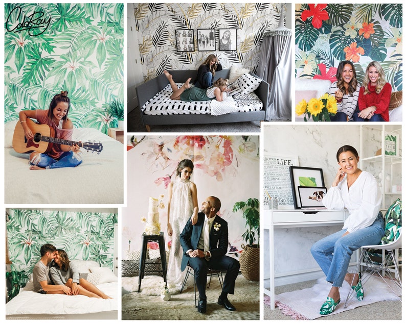 May include: A collage of images featuring various tropical leaf and floral patterned wallpaper designs. The wallpaper is shown in different rooms and settings, including a bedroom, a living room, and a home office.