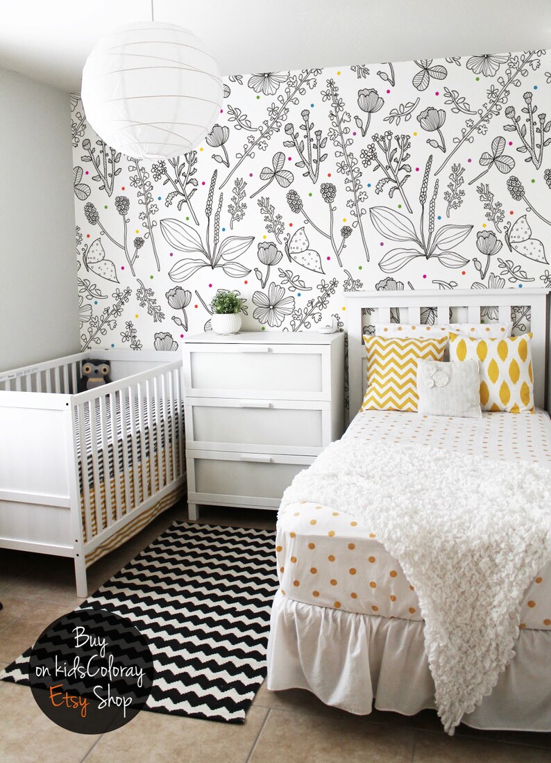 Black and White Nursery Wallpaper Flowers Colorful Dots Wall - Etsy