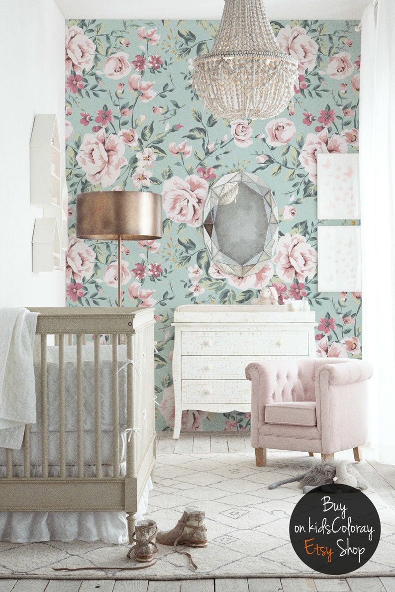 Nursery Floral Wallpaper Vintage Wall Mural Pastel Roses Etsy