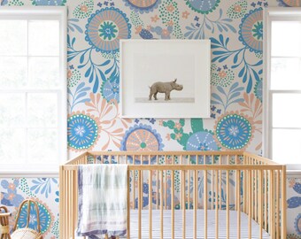 Retro Blumen, Abnehmbare Tapete Blau, Abstraktes Muster, Baby Jungen Schlafzimmer Wandbild, Schälen und Kleben, Aquarell Kinderzimmer Tapete, #35