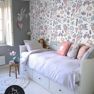 Papel tapiz extraíble con diseño de helado rosa y dibujos animados para dormitorio de niña, papel tapiz de acuarela para habitación de bebé, n.° 50