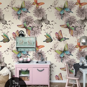 Butterflies, Removable Wallpaper Ecru, Animal Pattern, Kids Room Wall Mural, Peel and Stick, Baby Girl Wallpaper, #39