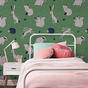 Forest Friends, Peel And Stick Wallpaper, Nursery Decoration, Kids Room Wall Art, Hedgehog, Squirrel, Baby Shower Gift, Green, White #01L