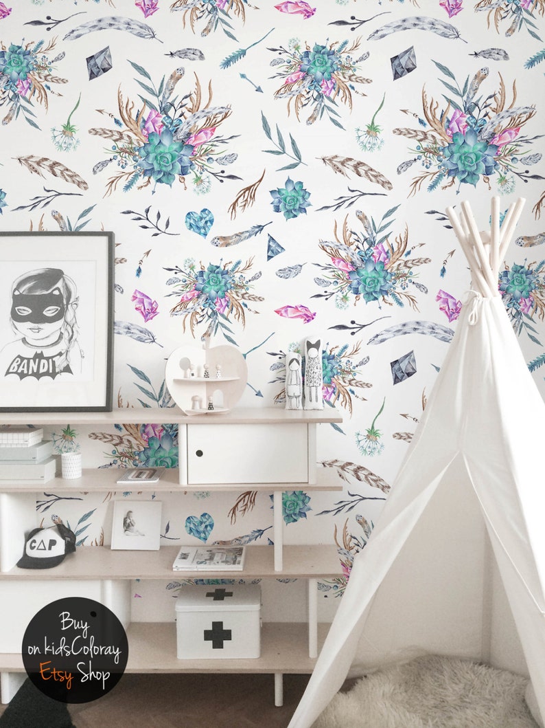 Watercolor Subtle Boho Wallpaper for Nursery Pastel Colors Etsy