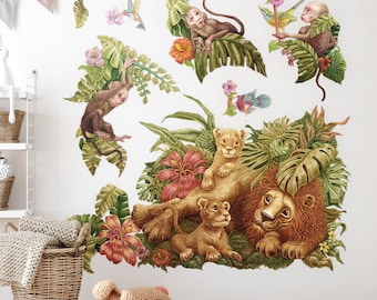 Tropical safari Wall Stickers for Kids Room, Pastel Baby Room Decor, Animals Wall Decal for Children's Room, Self Adhesive Decal