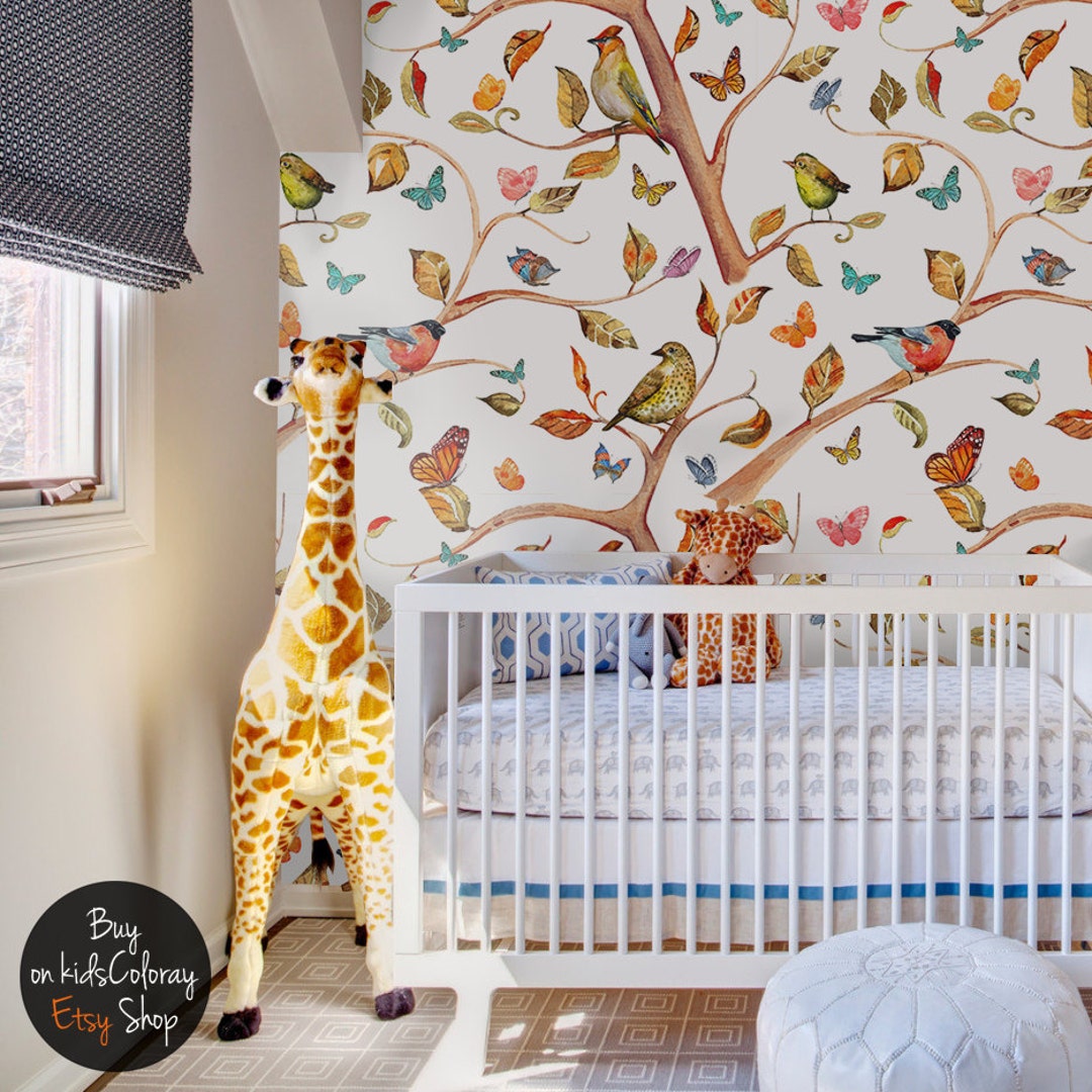 Birds on a Tree, Removable Wallpaper Rainbow, Animal Pattern, Kids Room ...