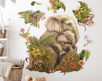 Tropical leaves Wall Stickers for Children's Room, Pastel Kids Room Decor, Animals Wall Decal for Baby Room, Self Adhesive Decal