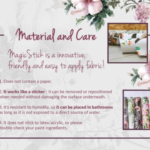 K&ouml;nnte beinhalten: Ein wei&szlig;er Hintergrund mit rosa Blumen und Text, der "Material and Care" lautet. Der Text darunter erkl&auml;rt, dass "Magic Stick ein innovativer, benutzerfreundlicher und einfach anzuwendender Stoff ist!" und listet vier Eigenschaften des Stoffes auf. Das Bild zeigt auch eine Nahaufnahme mehrerer Stoffrollen mit verschiedenen Mustern.