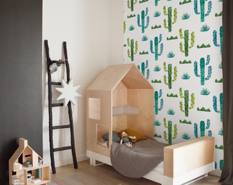 Cute Cactus, Green Removable Wallpaper, Flowers Pattern, Kids Room Wall Decor, Peel and Stick, Floral Nursery Wallpaper, #46