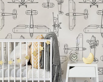 Airplanes, Removable Wallpaper Black and White, Toy Pattern, Baby Bedroom Wall Mural, Peel and Stick, Nursery Wallpaper, #161