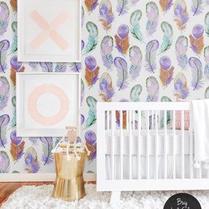 Watercolor Feather, Removable Wallpaper Colorful, Animal Pattern, Baby Bedroom Wall Mural, Peel and Stick, Boho Nursery Wallpaper, #25