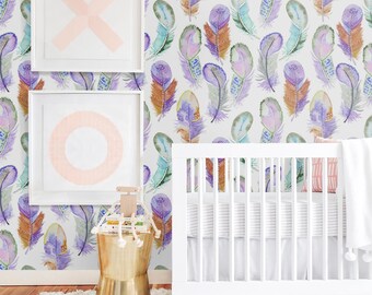 Watercolor Feather, Removable Wallpaper Colorful, Animal Pattern, Baby Bedroom Wall Mural, Peel and Stick, Boho Nursery Wallpaper, #25