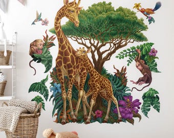 Wild animals vegetation Wall Stickers for Kids Room, Vivid Baby Room Decor, Animals Wall Decal for Children's Room, Self Adhesive Decal