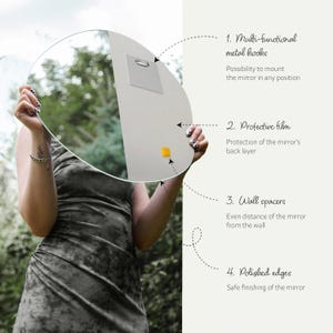 May include: A round mirror with a protective film on the back, multi-functional metal hooks for hanging, and wall spacers to create even distance from the wall. The mirror has polished edges for a safe finish.