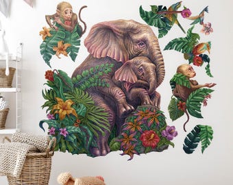 Tropical safari Wall Stickers for Baby Room, Vivid Children's Room Decor, Animals Wall Decal for Kids Room, Self Adhesive Decal