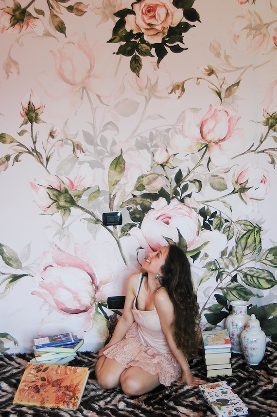 Romantic Roses, Removable Wallpaper Pink, Retro Floral Pattern, Pastel Wall Mural, Peel and Stick, Baby Girl Wallpaper, #26