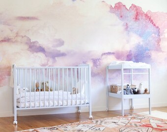 Watercolor Clouds, Removable Wallpaper Pink, Baby Girl Wallpaper, Pastel Wall Mural, Peel and Stick, #17