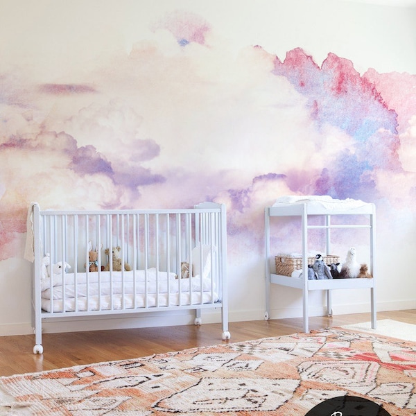 Aquarel wolken, verwisselbaar behang roze, baby meisje behang, pastel muur muurschildering, Peel en Stick, #17