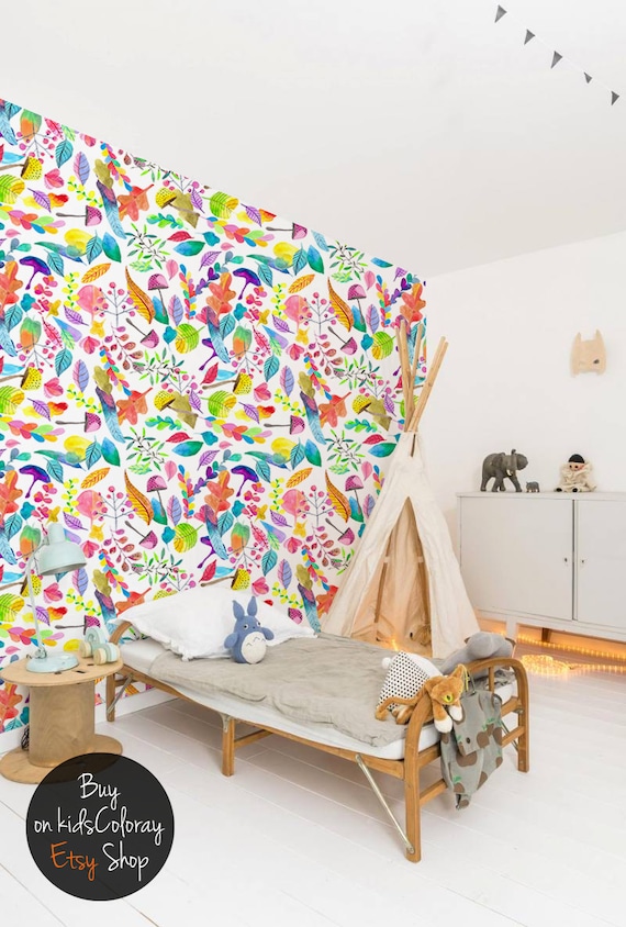 Rainbow Leaves, Removable Wallpaper Colorful, Nature Pattern, Baby Bedroom Wall Mural, Peel and Stick, Watercolor Nursery Wallpaper, #44