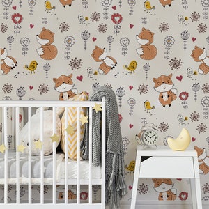Three Little Foxes, Removable Wallpaper Orange, Animal Pattern, Kids Room Wall Mural, Peel and Stick, Baby Girl Wallpaper, #11L