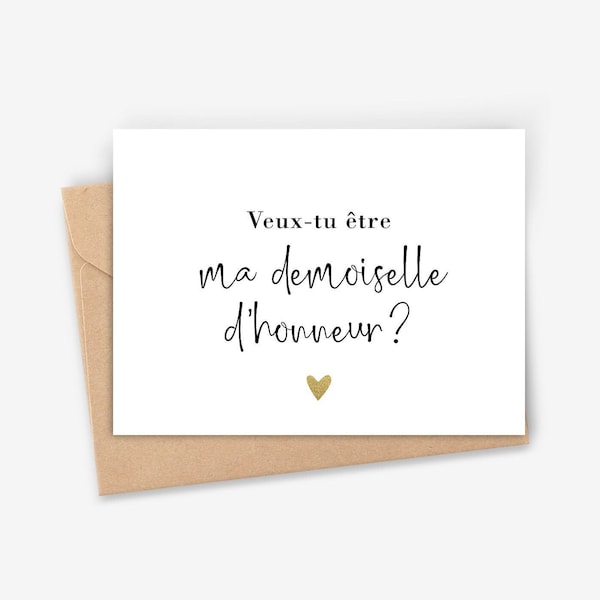 Cartes Demande Demoiselle d'honneur et Garçon d'honneur, style calligraphie avec coeur doré pour femme et noeud papillon doré pour homme.