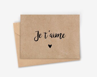 Carte Amour - Je t'aime, kraft. Carte message amour. Cadeau pour lui, cadeau pour elle, carte de voeux. Décoration murale.