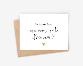 Cartes Demande Demoiselle d'honneur et Garçon d'honneur, style calligraphie avec coeur doré pour femme et noeud papillon doré pour homme.