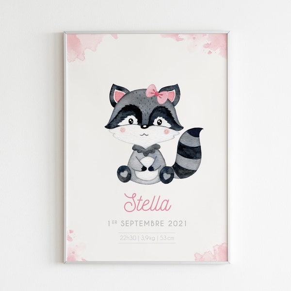 Affiche bébé animaux foret : Raton laveur. Cadeau de naissance personnalisé pour fille ou garçon. Poster personnalisé pour chambre enfant.