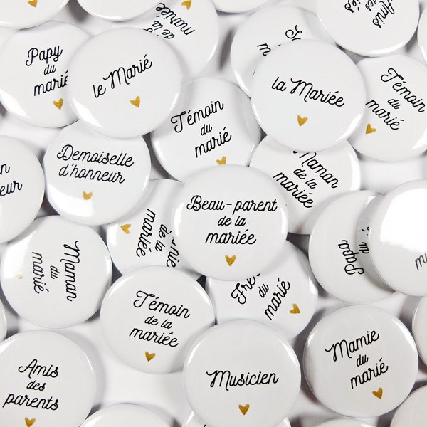 Lot de 20 à 100 badges mariage invités à choisir : témoins, demoiselle d'honneur, parents, enfants, amis, famille,... avec rôles