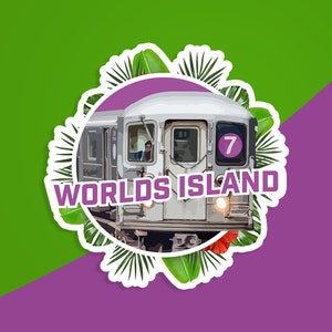 May include: A graphic design featuring a subway train with a number 7 on the side, surrounded by tropical leaves and flowers. The text "WORLDS ISLAND" is written in bold white letters below the train.