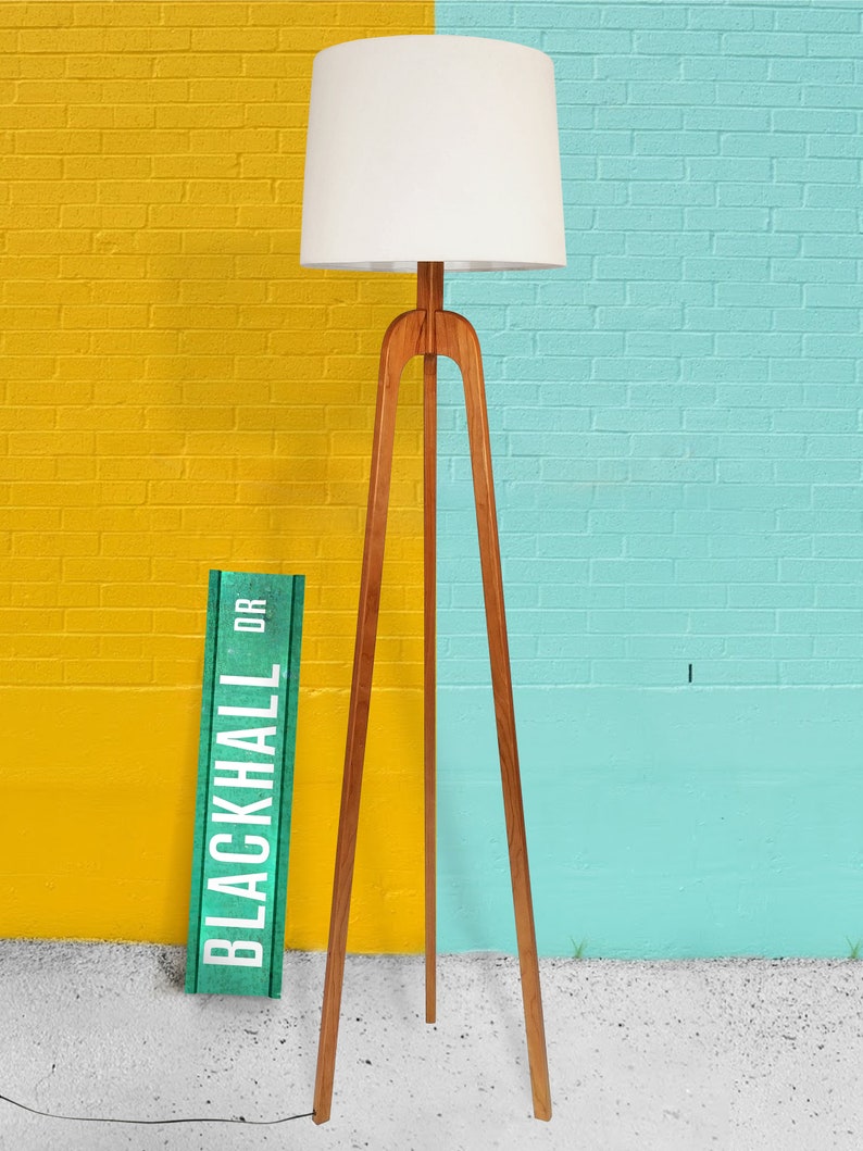 Floor Lamp Danish Modern Tripod Lamp Cherry Etsy