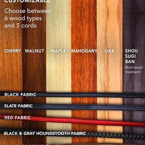 Wood Finish Samples: Cherry, Walnut, Maple, Oak, Mahogany, Shou Sugi Ban