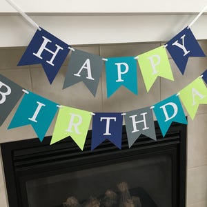 Happy Birthday Banner, Boy Birthday Banner, Birthday Party Decoration, Grey, Blue, Green, Photo Prop image 2