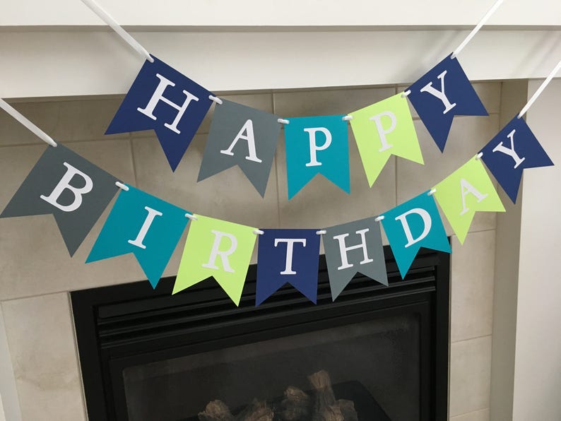 Happy Birthday Banner, Boy Birthday Banner, Birthday Party Decoration, Grey, Blue, Green, Photo Prop image 2