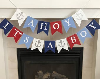 Ahoy It's A Boy Banner, Boy baby Shower, Baby Shower Decoration, Nautical Baby Shower, Anchors, Navy, Red, White, Photo Prop, Newborn