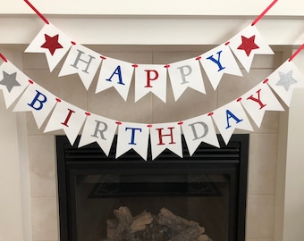Patriotic Birthday Banner: Red, White, Blue, and Silver