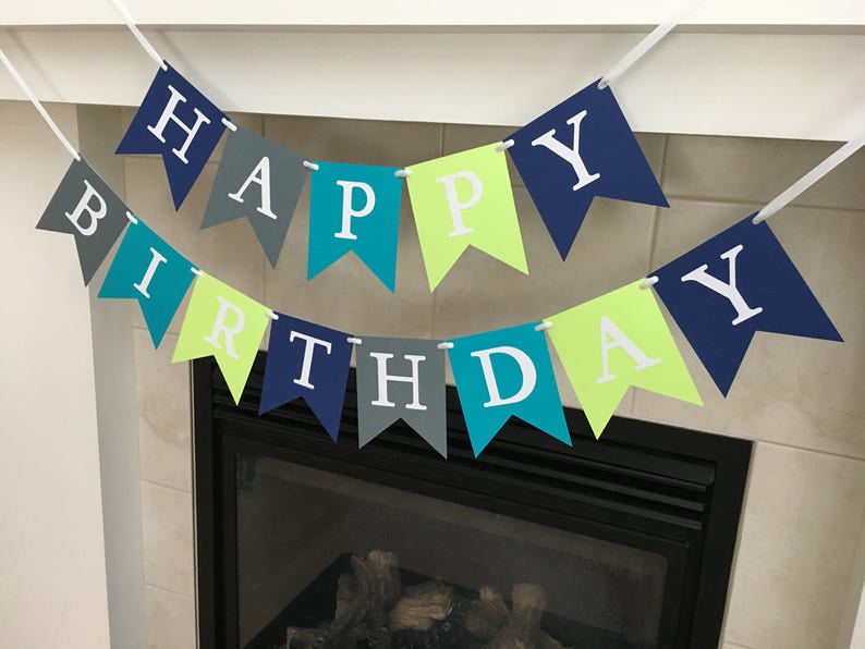 Happy Birthday Banner, Boy Birthday Banner, Birthday Party Decoration, Grey, Blue, Green, Photo Prop image 3