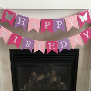 Butterfly Birthday Banner, Happy Birthday Banner, Girl Birthday Decoration, Party Decor, Photo Prop, Purple, Pink, Light Pink, Back Drop
