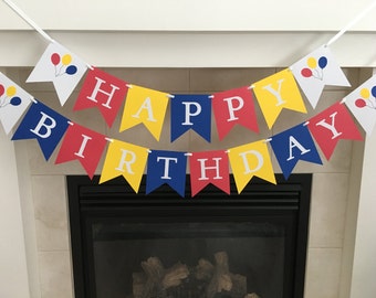 Balloon Birthday Banner, Happy Birthday Banner, Balloon Banner, Boy or Girl Birthday Banner, Red, Yellow, Blue, Photo Prop, Party Decoration