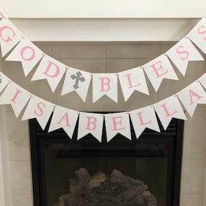 God Bless Banner, Pink Baptism Banner, Christening Banner, First Communion Banner, God Bless, Girl, Crosses, Photo Prop