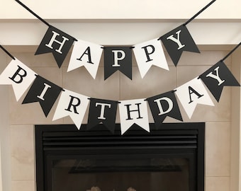 Happy Birthday Banner, Black and White Birthday Banner, Modern Birthday Banner, Black and White Glitter, Photo Prop, Sparkly Birthday Banner