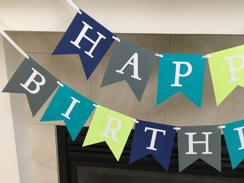 Happy Birthday Banner, Boy Birthday Banner, Birthday Party Decoration, Grey, Blue, Green, Photo Prop image 5