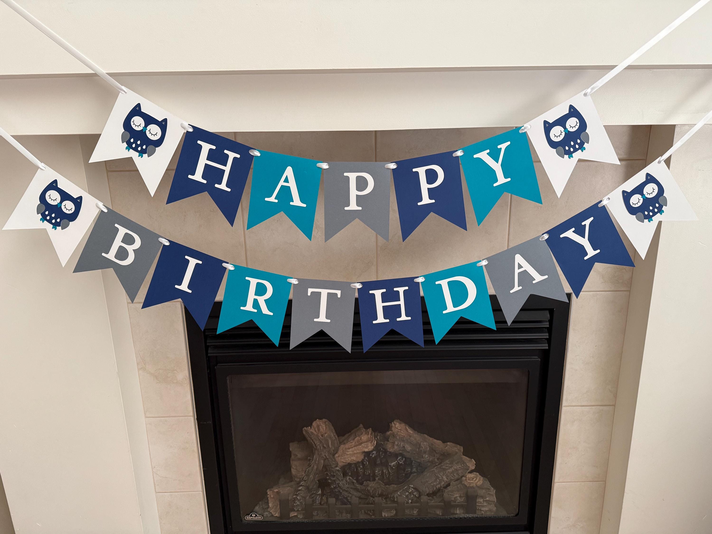 Owl Birthday Banner: Blue, Teal, Grey  Party Decor