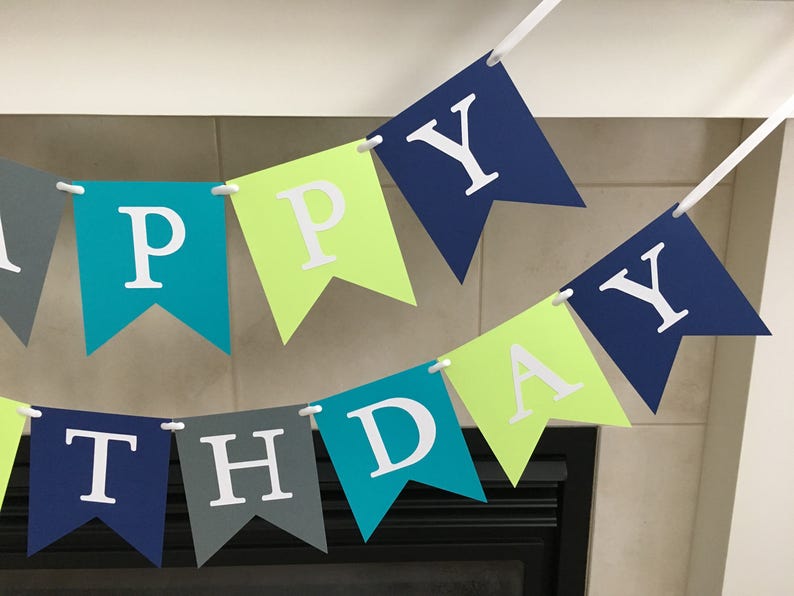 Happy Birthday Banner, Boy Birthday Banner, Birthday Party Decoration, Grey, Blue, Green, Photo Prop image 4